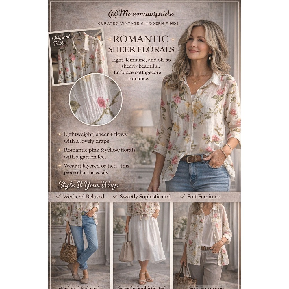 BonWorth‎ Floral Blouse Petite Large Sheer Button Front Cottagecore Romantic Top